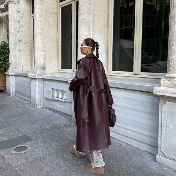 Burgundy Plato Faux Leather Buckle Trench Coat - Picture 11 of 14